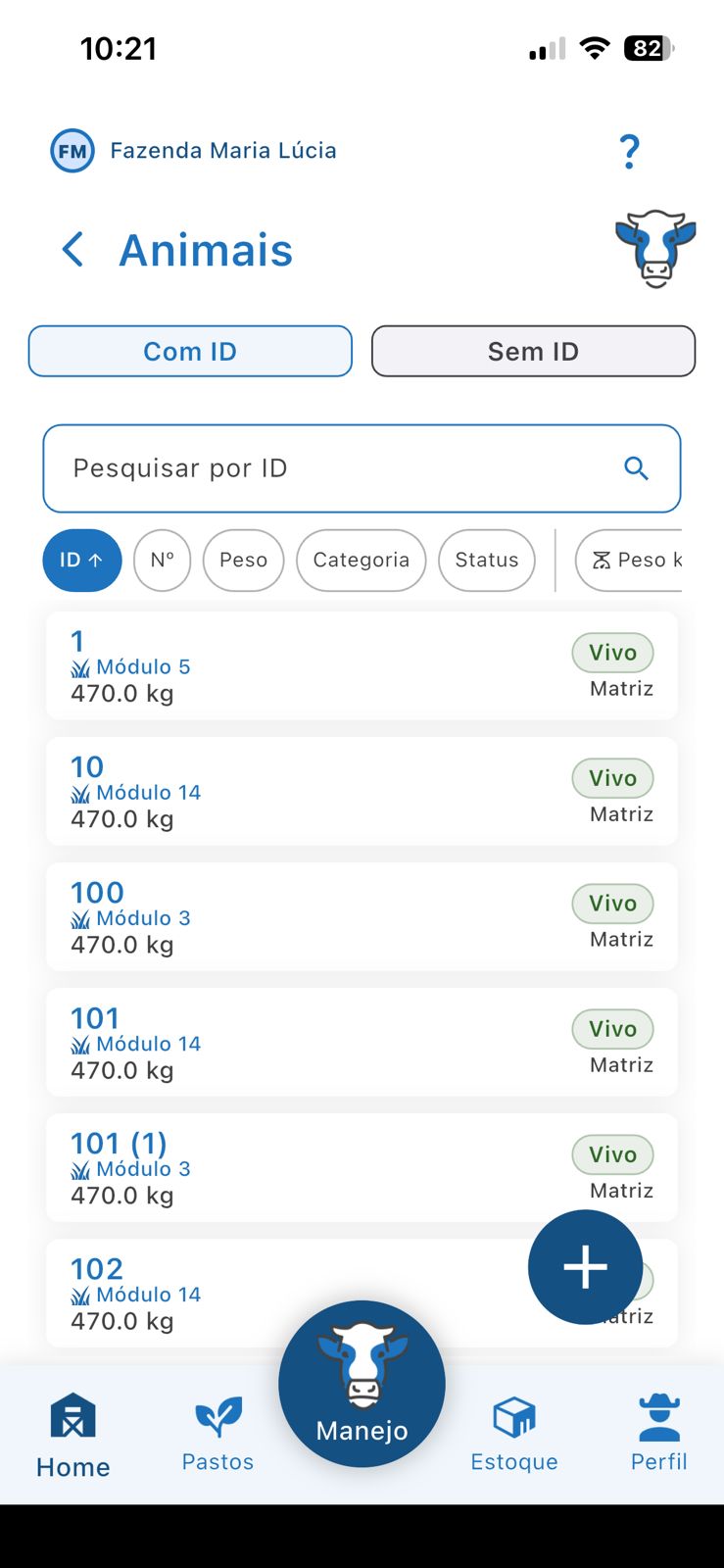 Lista de animais no LABASS, com busca por ID, filtros por peso, categoria e status, e cada animal mostrando módulo, peso e status