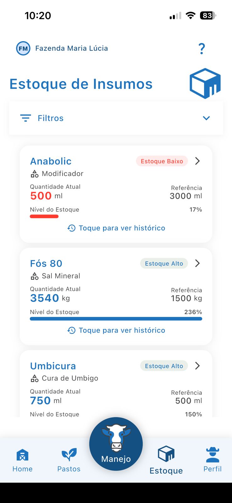 Tela de estoque de insumos do LABASS