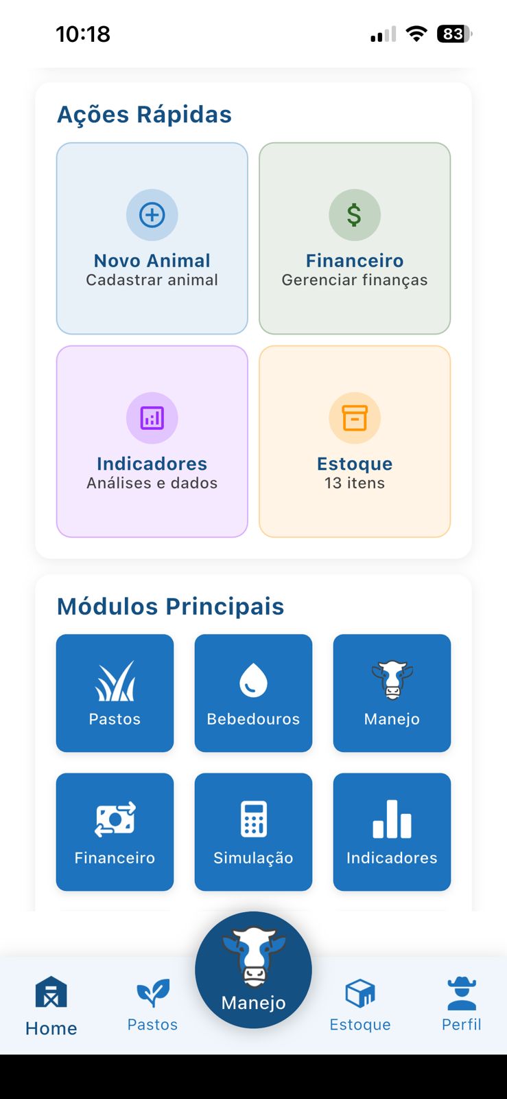 Menu de navegação inferior do LABASS com Home, Pastos, Manejo, Estoque e Perfil