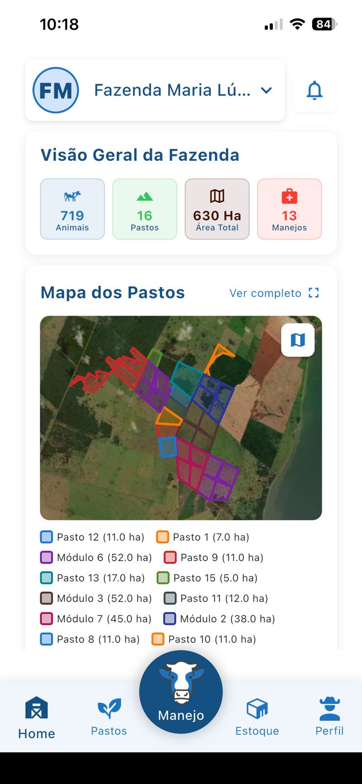 App LABASS: visão geral da fazenda com 719 animais, 16 pastos, 630 ha e mapa de satélite