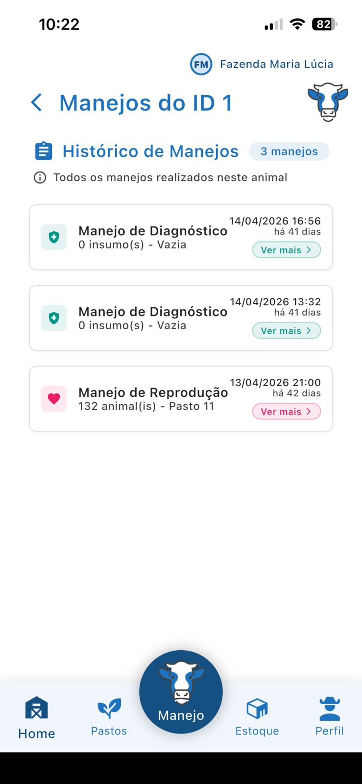 Histórico de manejos de um animal no LABASS, com diagnóstico e reprodução datados
