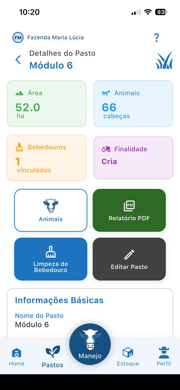Detalhe do pasto Módulo 6 no LABASS: 52 hectares, 66 cabeças, finalidade cria, relatório PDF