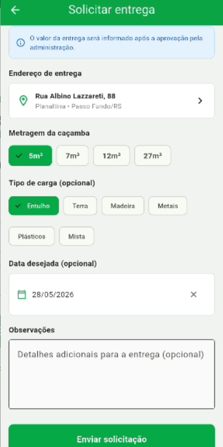 App cliente Renova — solicitação de caçamba