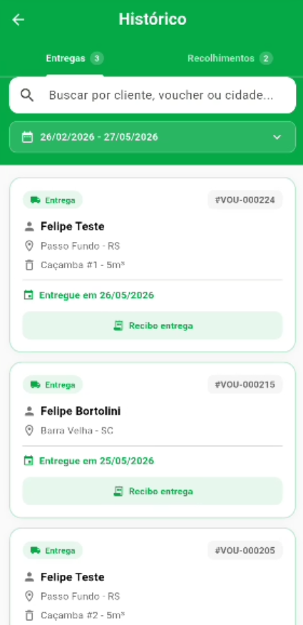 App motorista Renova — histórico de entregas