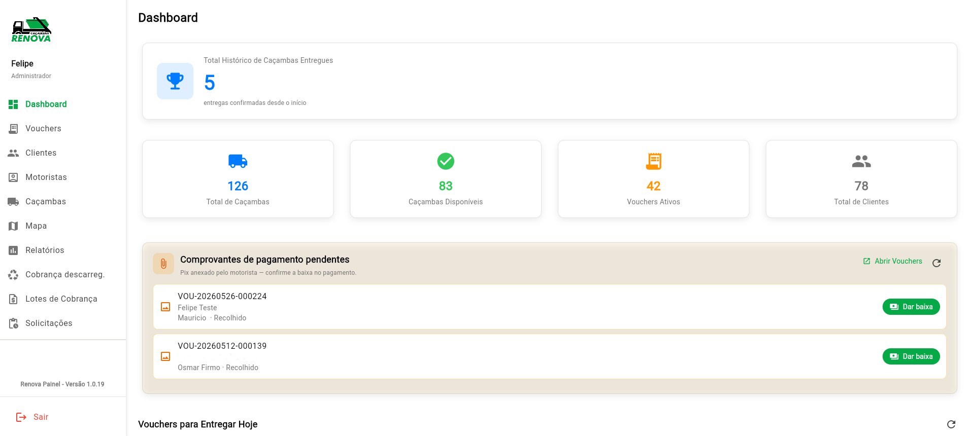 Dashboard Renova: operação de caçambas em tempo real