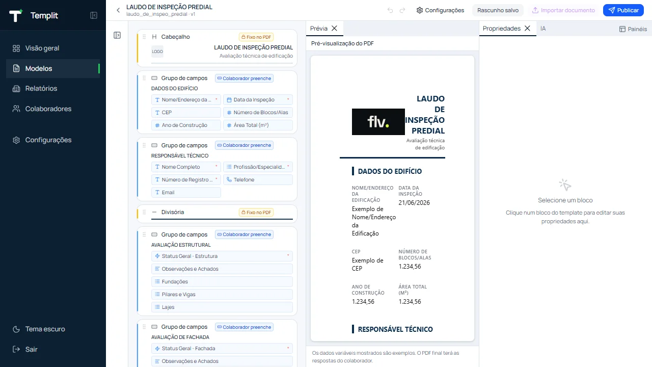 Editor do Templit com prévia do PDF ao lado dos blocos do template